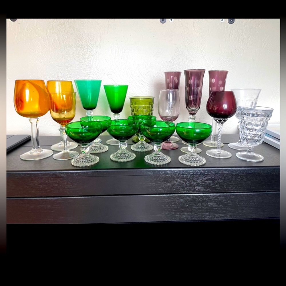 SOLD 20 gently used assorted glass goblets and drinkware